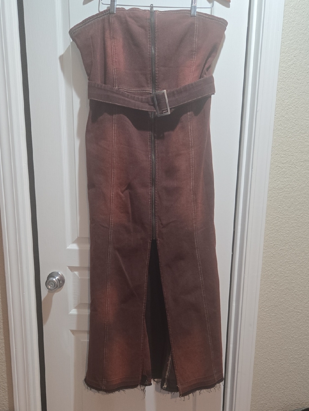 Burgundy Strapless Denim Dress with Topstitch Detail